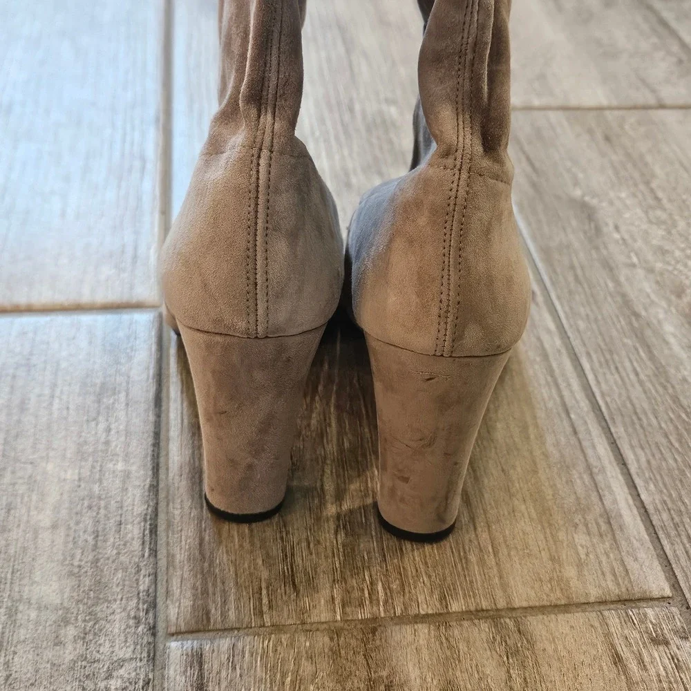 Stuart Weitzman Over The Knee Boots Size 7 Taupe Suede Block Heel Tie Back Chic